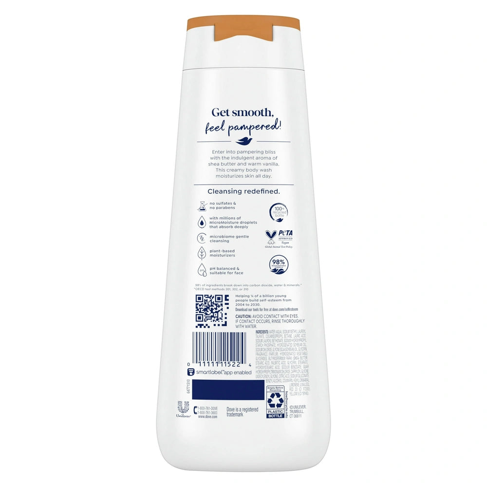Dove Pamper Body Wash - Shea Butter & Vanilla 24hr Lotion-Soft Skin - 20 fl OZ(Pack of 4)