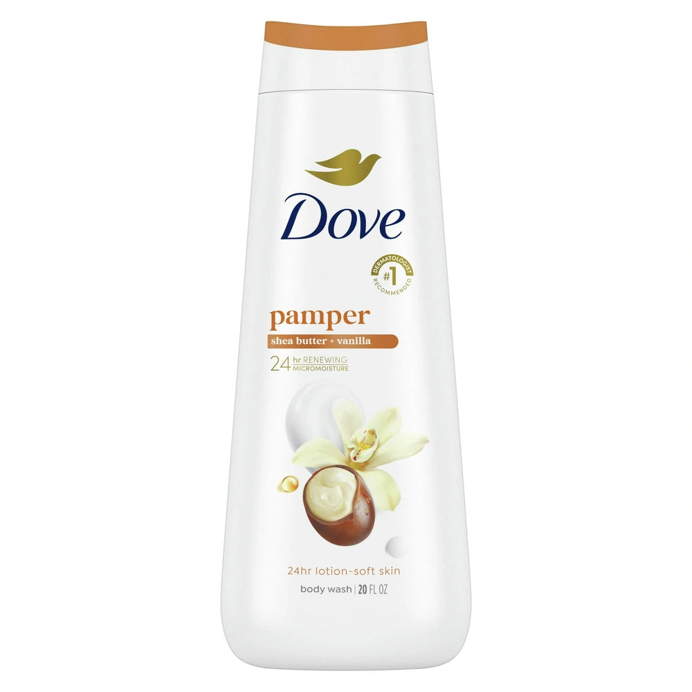 Dove Pamper Body Wash - Shea Butter & Vanilla 24hr Lotion-Soft Skin - 20 fl OZ(Pack of 4)