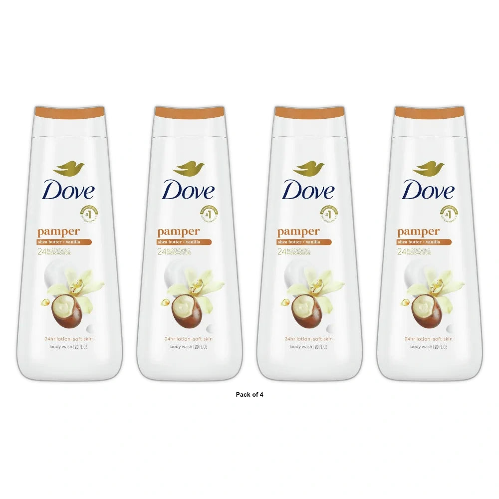 Dove Pamper Body Wash - Shea Butter & Vanilla 24hr Lotion-Soft Skin - 20 fl OZ(Pack of 4)