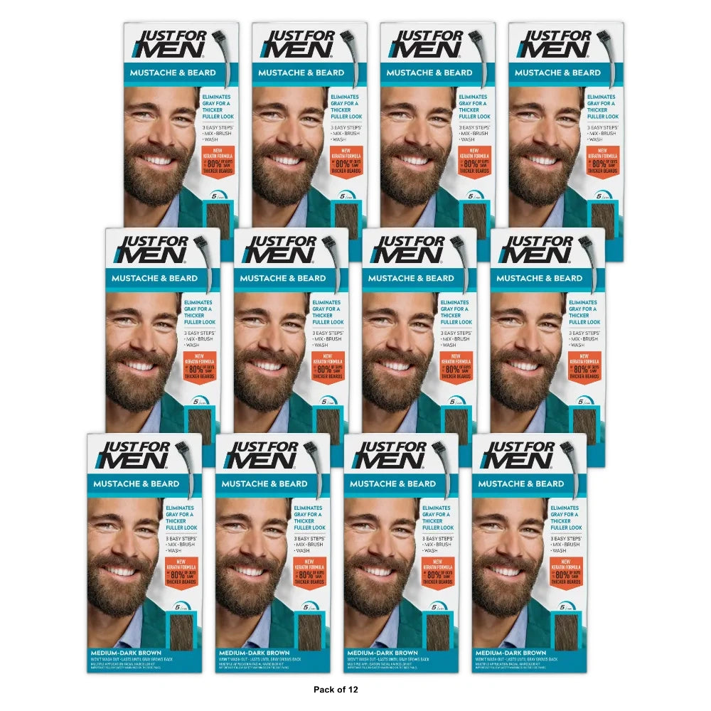 Just For Men Mustache & Beard Coloring for Gray Hair M40 Medium Dark Brown (Pack of 12)