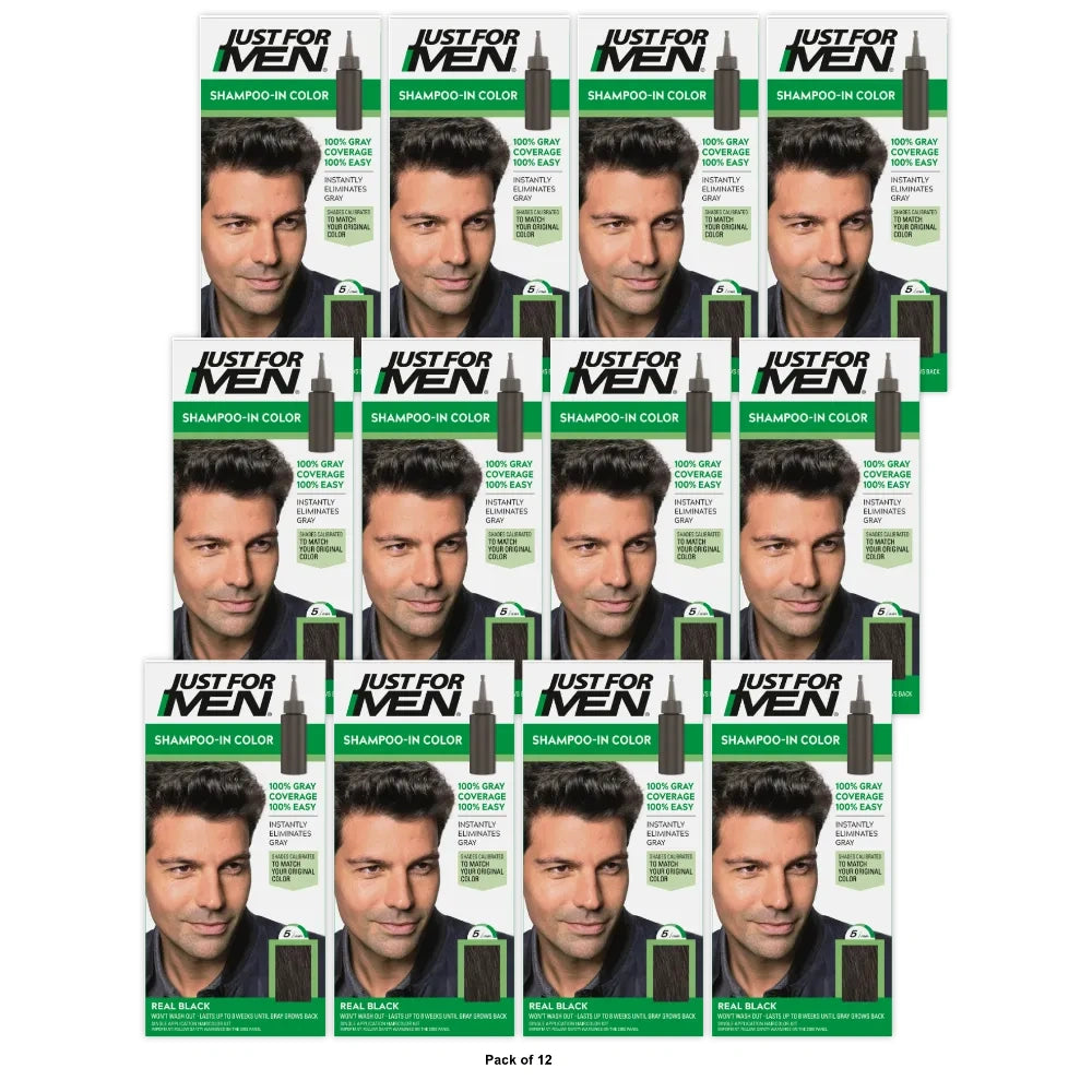 Just for Men Shampoo-In Hair Color, Real Black 55, 1 application (Pack of 12)