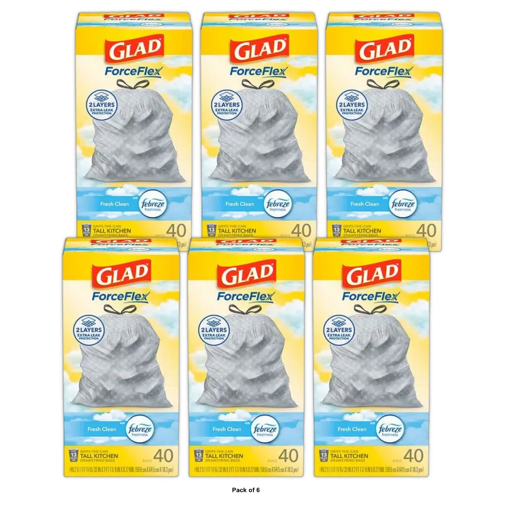 Glad ForceFlex Tall Kitchen Trash Bags 13 Gallon 40 Bags Fresh Clean Scent F (Pack of 6)