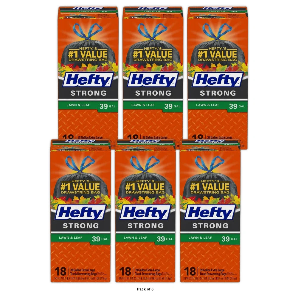 Hefty Strong Lawn & Leaf 39 Gallon Drawstring Trash Bags (Pack of 6)