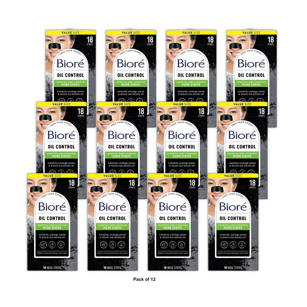 Biore Charcoal Deep Cleansing Blackhead Remover Pore Strips, Nose Strips For Dee 18.0 EA (Pack of 12)