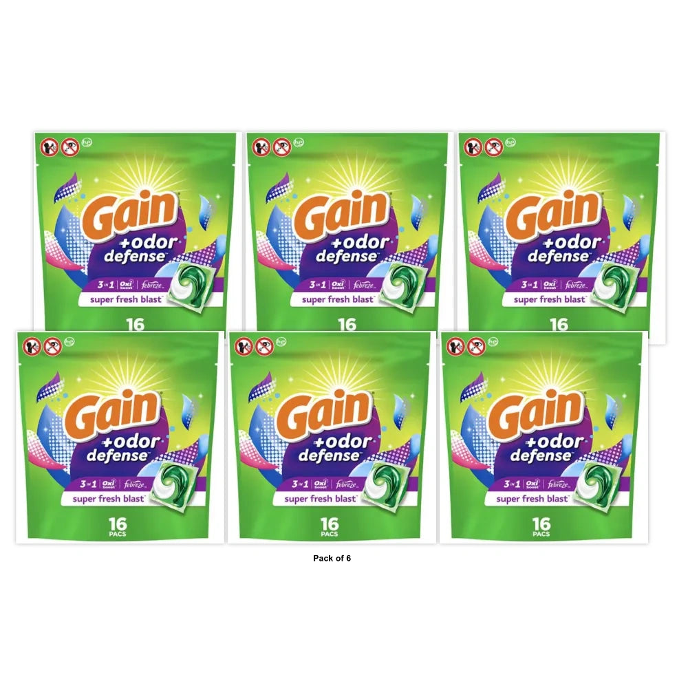 Gain Flings Laundry Detergent Pacs with Odor Defense, HE 3in1 with Febreze and Odor Defense (Pack of 6)