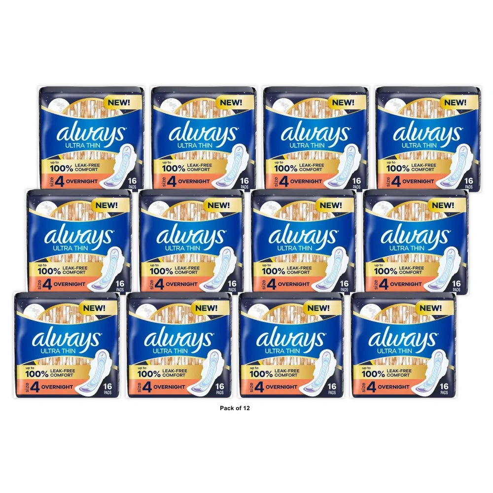 Always Ultra Thin Overnight Pads with Wings Size 4 Overnight Absorbency (Pack of 12)