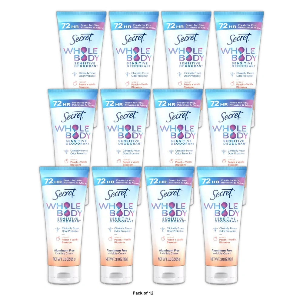 Secret Whole Body Deodorant Clear Cream - Peach & Vanilla - Aluminum-Free 3 OZ (Pack of 12)