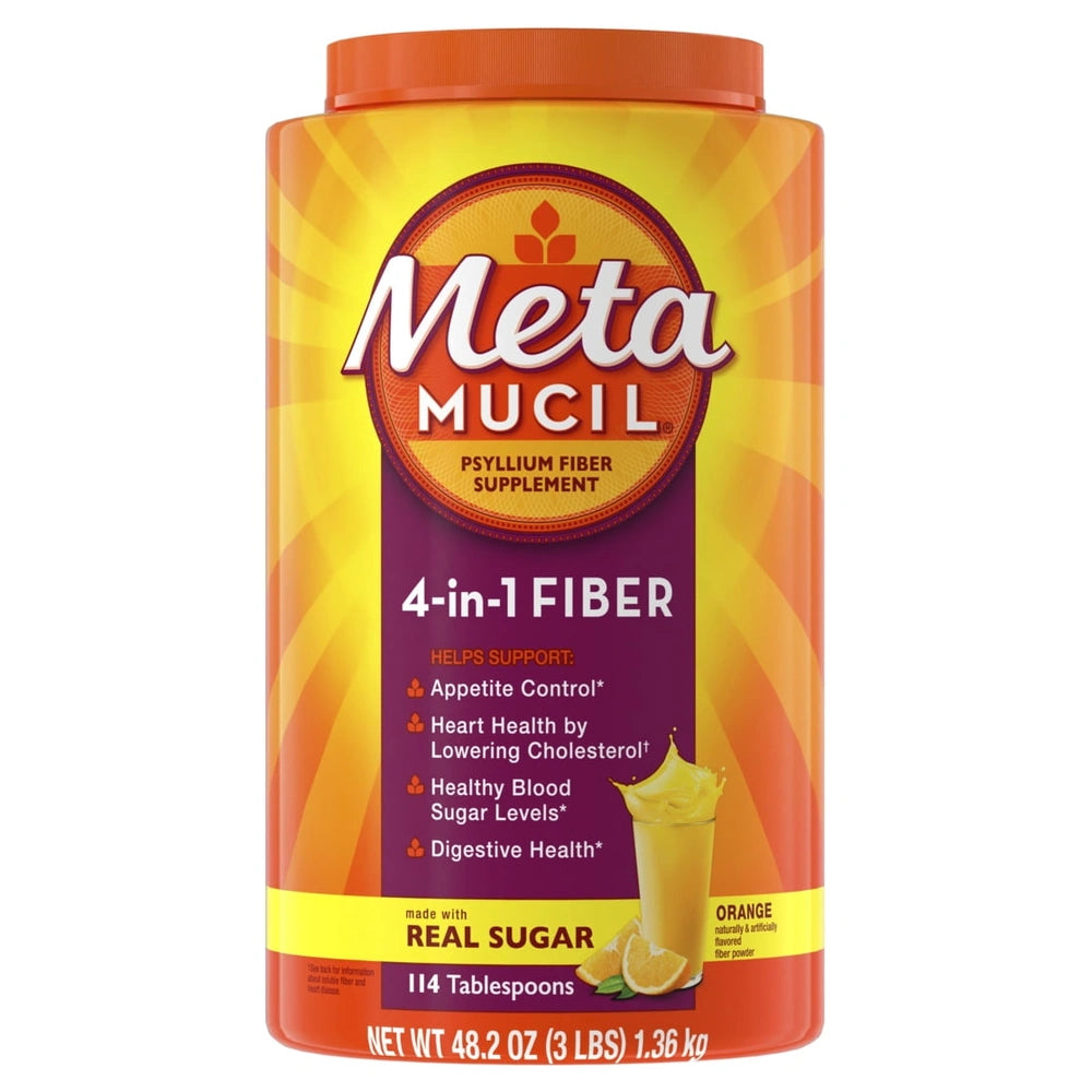 Metamucil Psyllium Fiber Supplement with Sugar Powder- Orange -52.32 oz(Pack of 4)