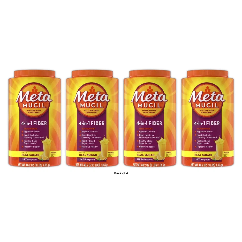 Metamucil Psyllium Fiber Supplement with Sugar Powder- Orange -52.32 oz(Pack of 4)