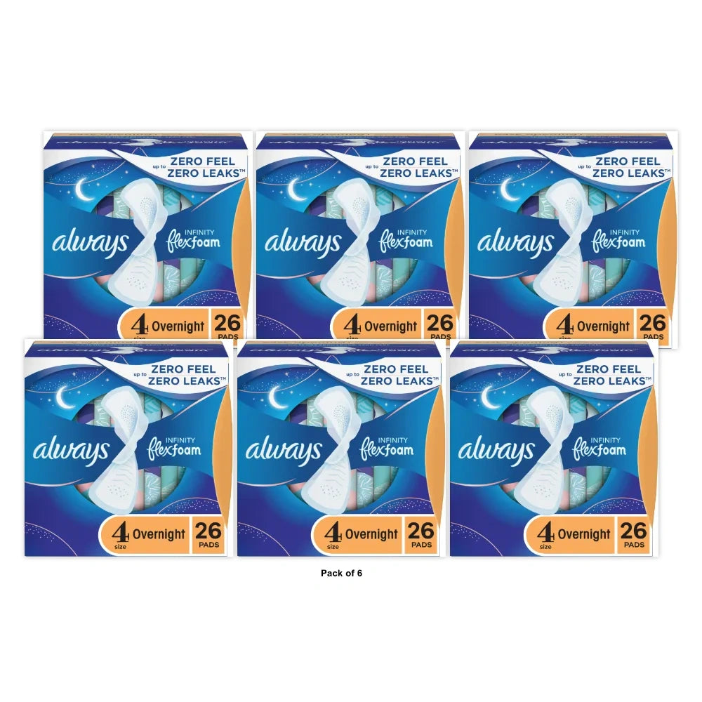 Always Infinity Feminine Pads with wings Size 4 Overnight Absorbency Unscente (Pack of 6)