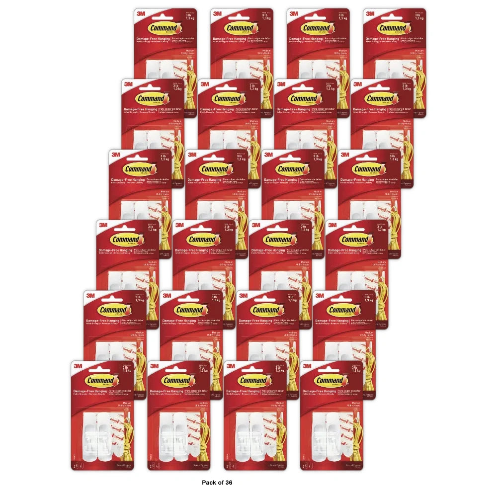 Command Medium Utility Hooks White Damage Free Organizing 2 Hooks and 4 Comma (Pack of 36)