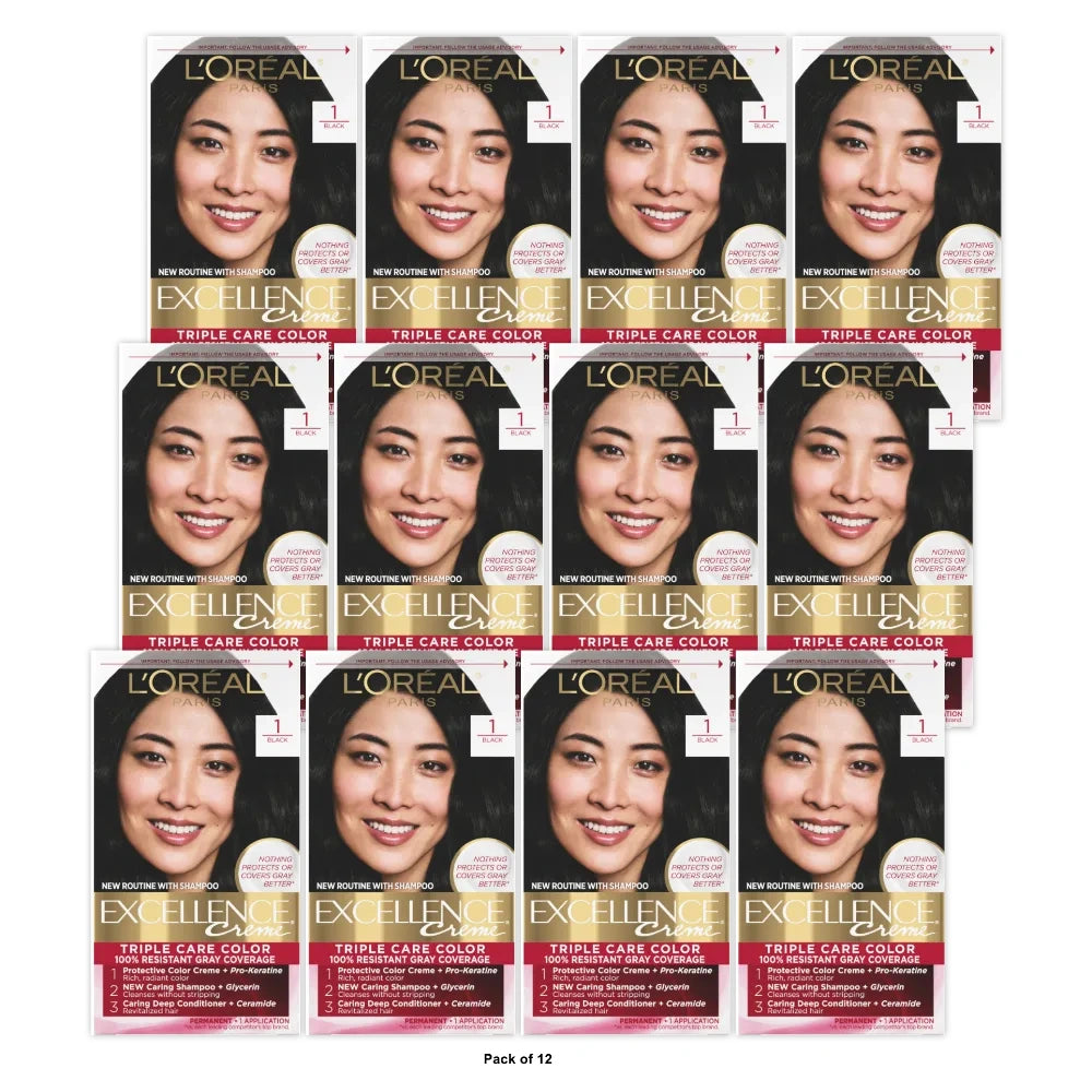 L'Oreal Paris Excellence Triple Protection Permanent Color 1 Black 6.3 fl OZ (Pack of 12)