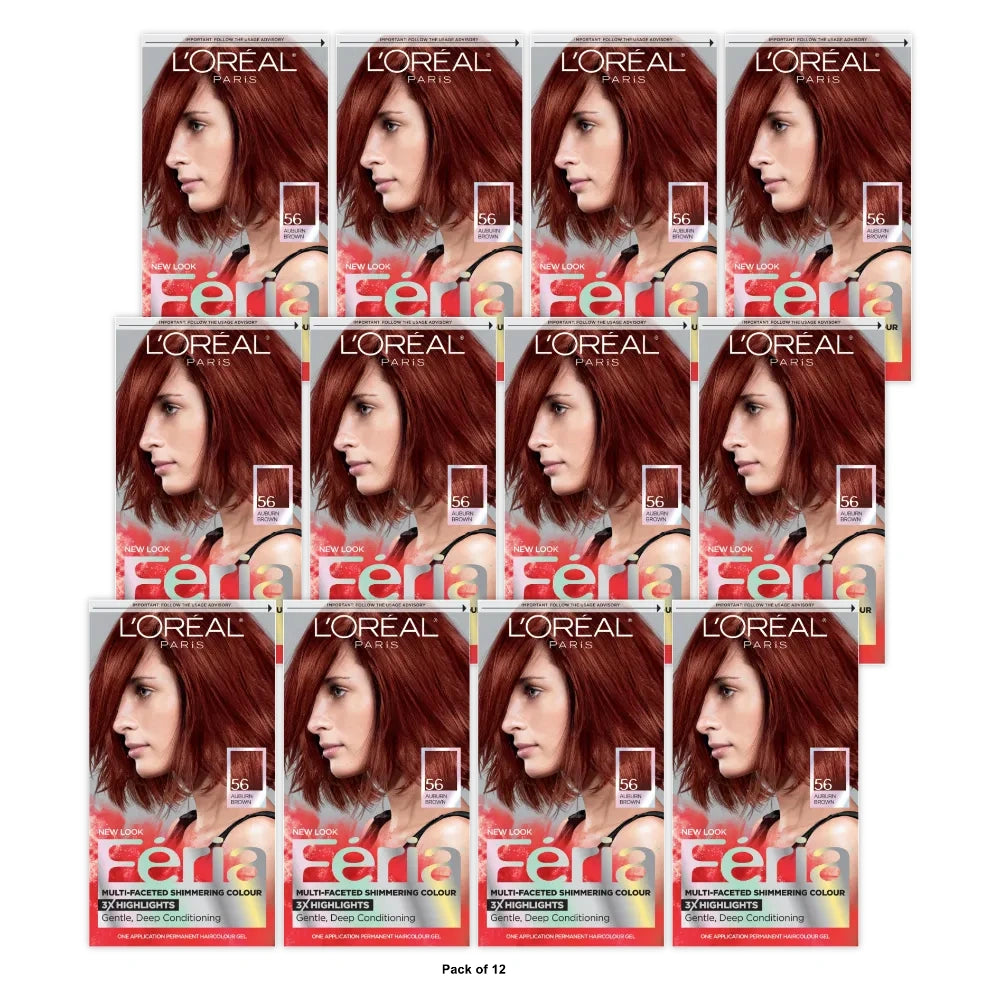 L'Oreal Paris Feria Shimmering Permanent Hair Color, 56 Brilliant Bordeaux (Auburn Brown) (Pack of 12)