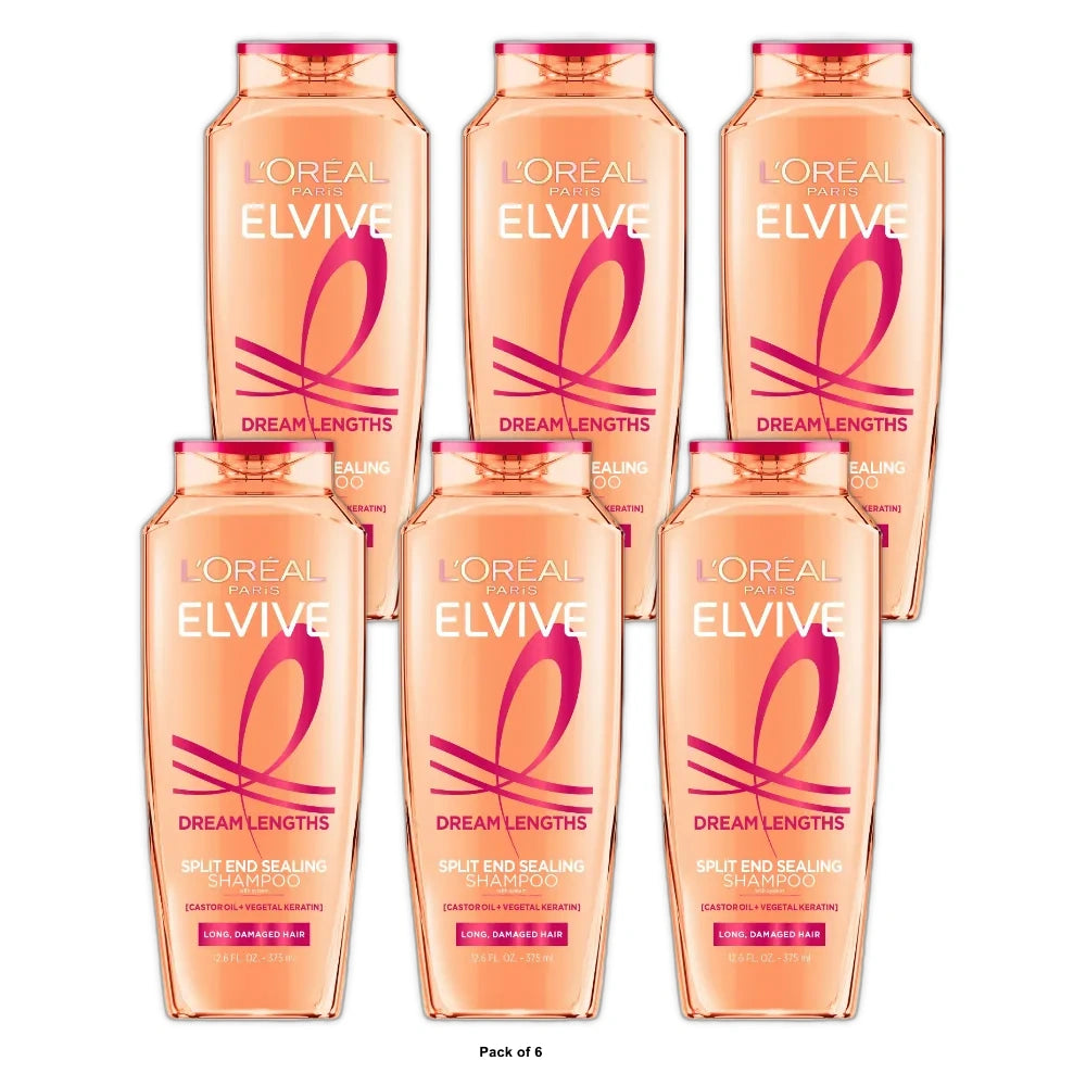 L Oreal Paris Elvive Dream Lengths Damaged Hair Repairing Shampoo Squeeze 12.5 fl oz (Pack of 6)
