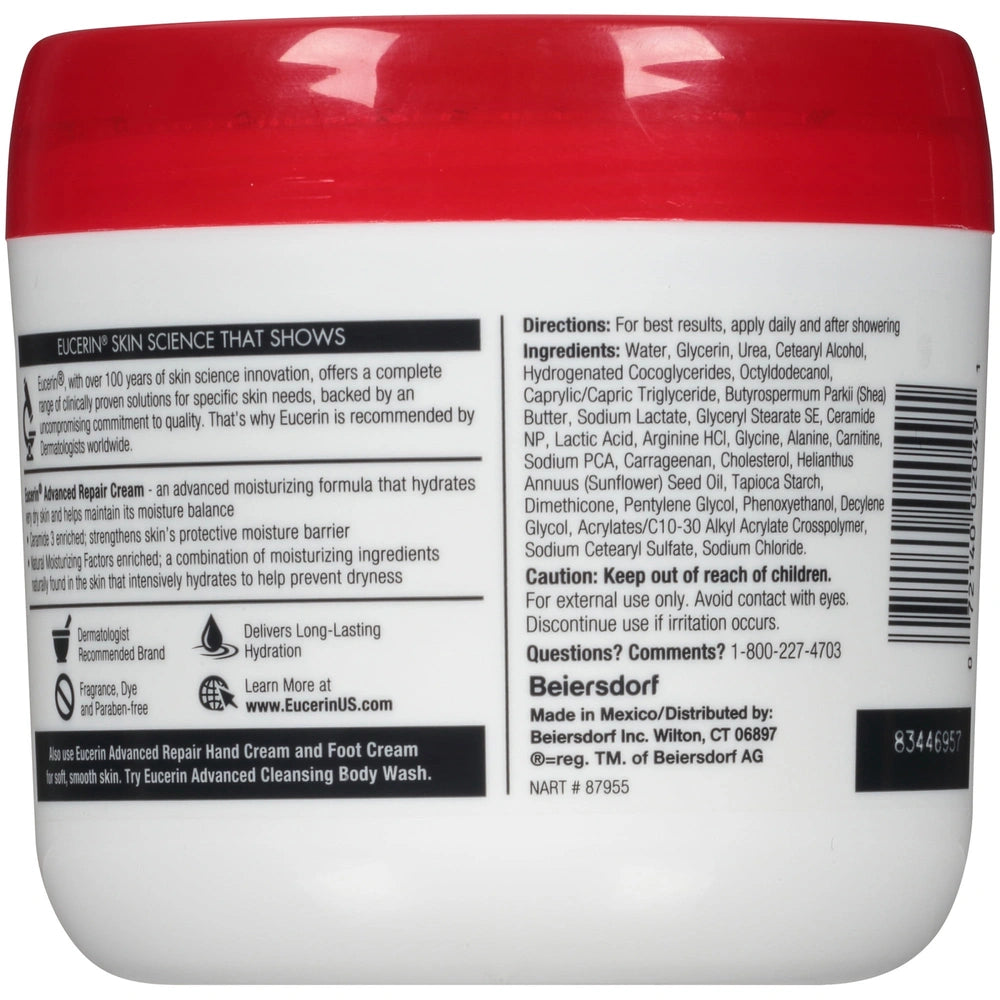 Eucerin Advanced Repair Fragrance Free Body Cream for Dry Skin Unscented 16 oz (Pack of 12)