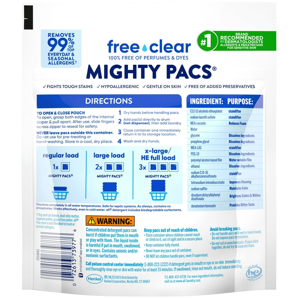 all Mighty Pacs Laundry Detergent Pacs Free Clear for Sensitive Skin Unscented 12.5 Oz (Pack of 6)
