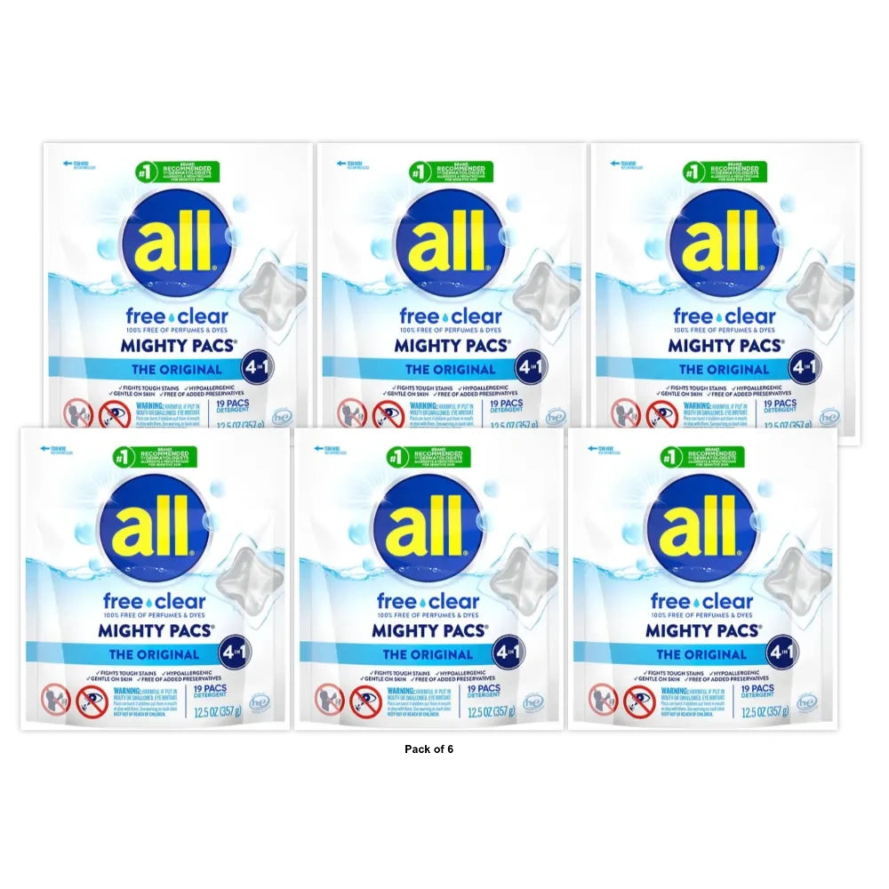 all Mighty Pacs Laundry Detergent Pacs Free Clear for Sensitive Skin Unscented 12.5 Oz (Pack of 6)
