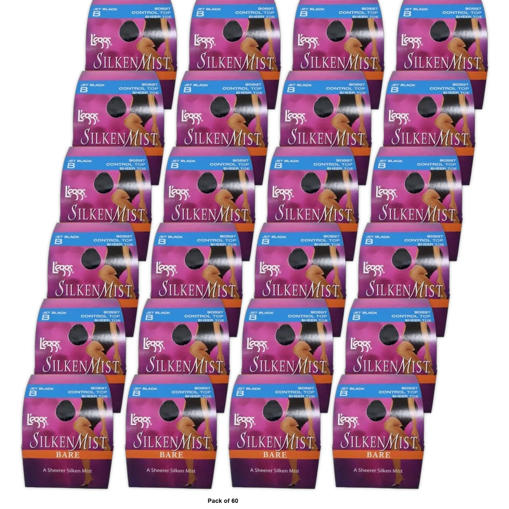 Leggs Silken Mist Bare Pantyhouse, Control Top, Sheerer Size B, Jet Black (Pack of 60)