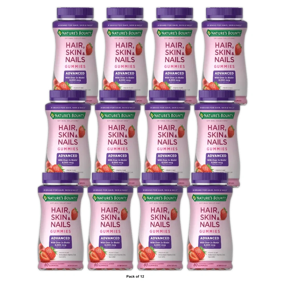 Nature s Bounty Advanced Hair Skin & Nails Gummies - Strawberry 80 Gummies (Pack of 12)