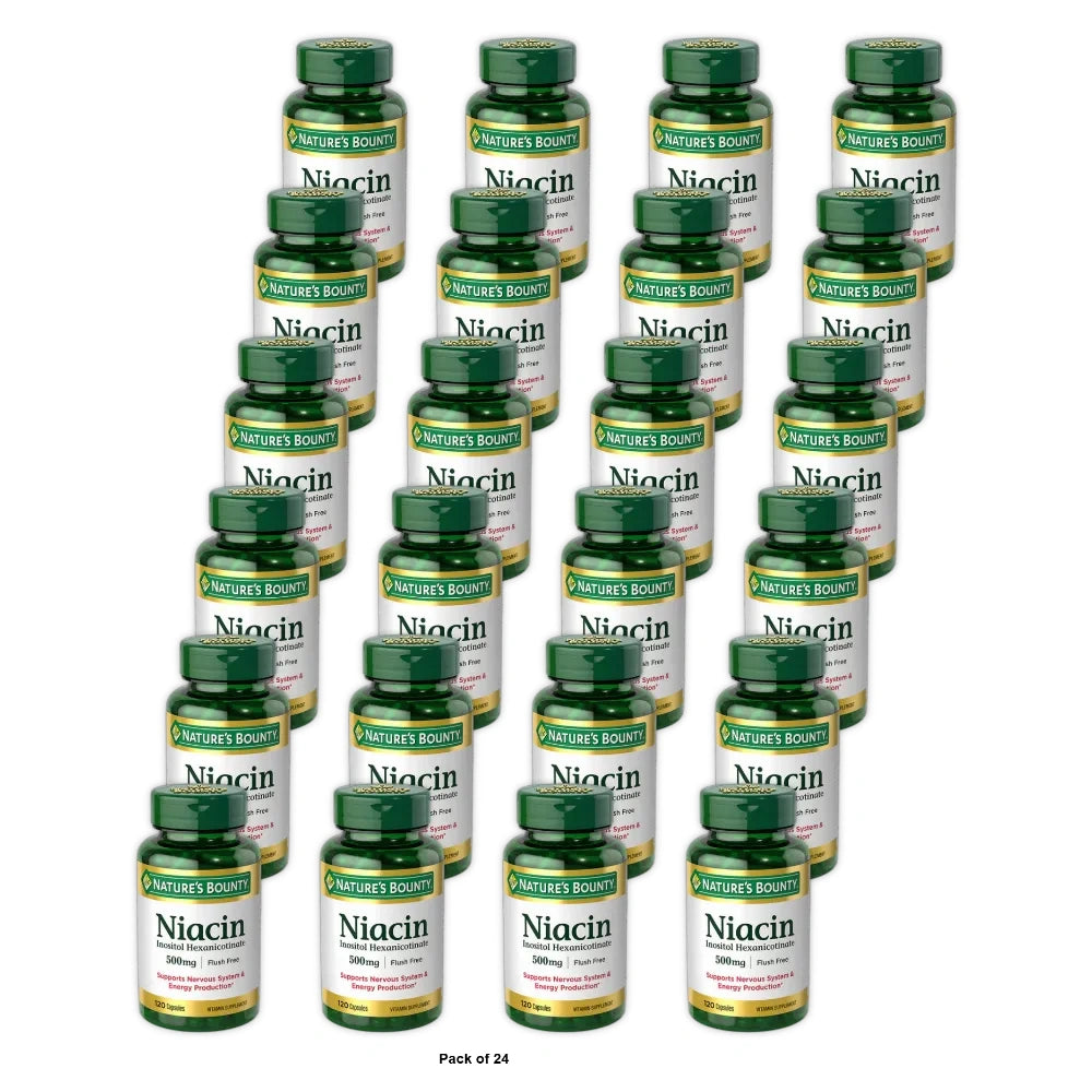Nature’s Bounty Flush Free Niacin 500 mg Capsules for Energy Metabolism 120 Ct (Pack of 24)