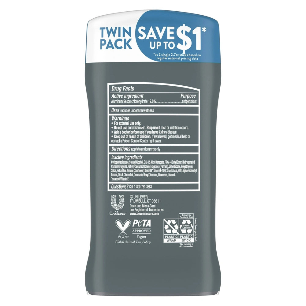 Dove Men+Care Long Lasting Antiperspirant Deodorant Stick for Men Twin Pack Cle 2.7 oz (Pack of 6)