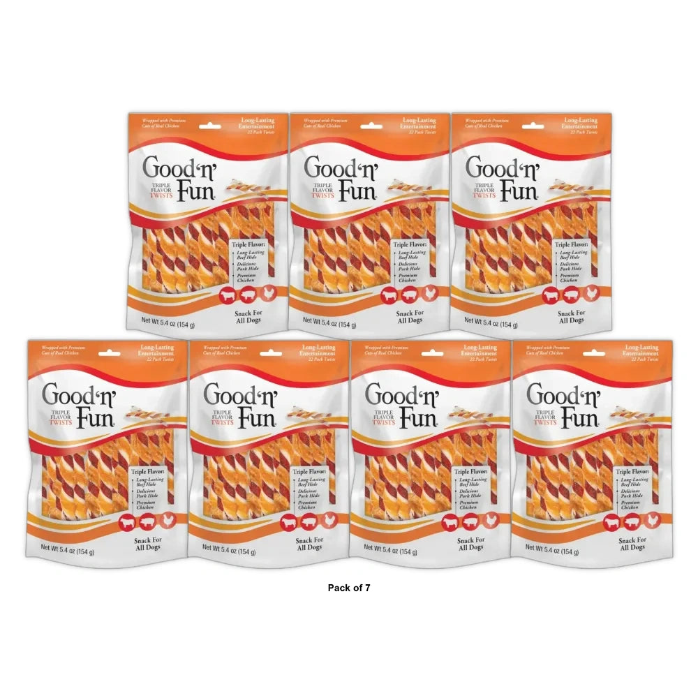 Good n Fun Triple Flavor Twists Rawhide Chews for All Dogst (Pack of 7)