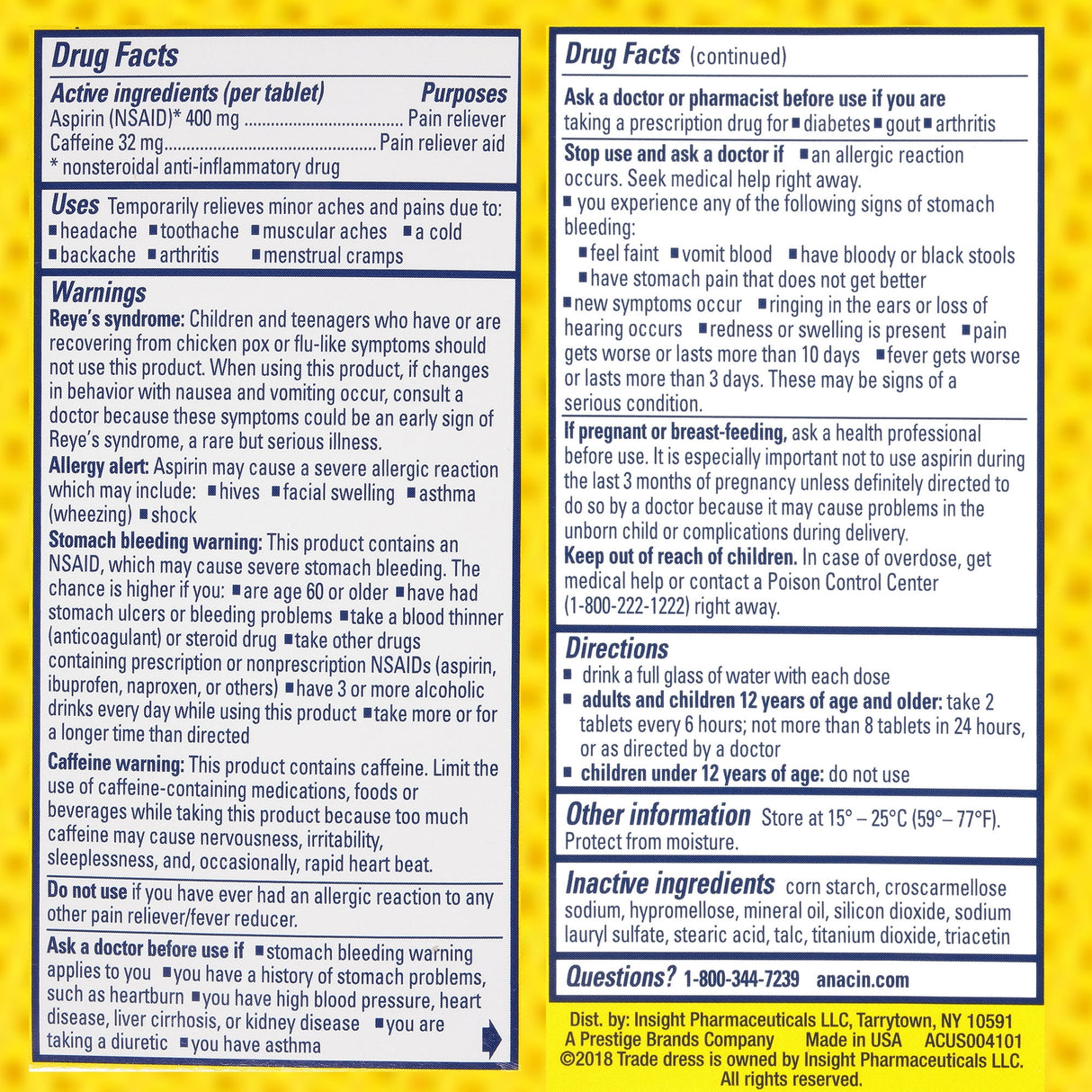 Anacin Fast Pain Relief Pain Reducer Aspirin Tablets (Pack of 12)