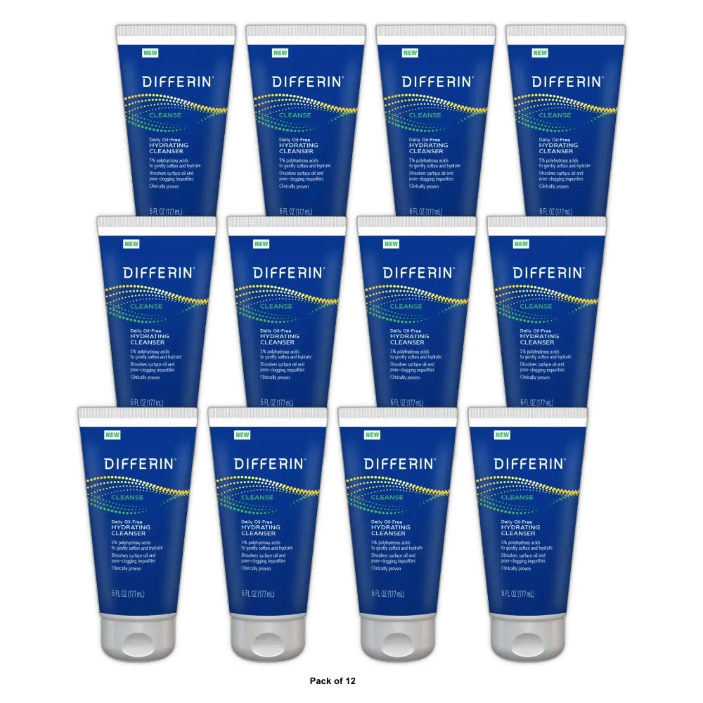 Differin Daily Oil Free Hydrating Cleanser Gentle Face Wash for Acne Prone Skin 6 oz (Pack of 12)