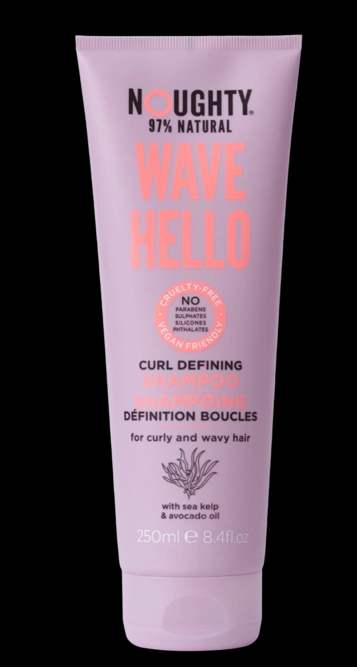 Purple shampoo bottle labeled 'Wave Hello' with text about curly and wavy hair on a white background.