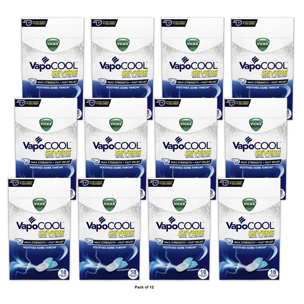 Vicks Vapocool Severe Medicated Sore Throat Drops Fast-Acting Max Strength Reli (Pack of 12)