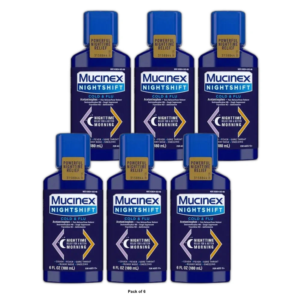 Mucinex Cold & Flu Medicine Nighttime - Liquid - 6 Fl Oz (Pack Of 6)