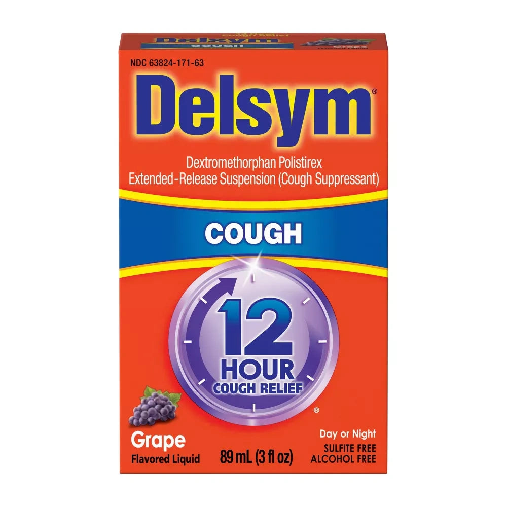 Delsym 12 Hr Cough Relief Liquid - Dextromethorphan - Grape - 3 fl oz (Pack of 12)