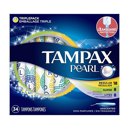 Tampax Pearl Plastic Tampons Triplepack (Light/Regular/Super) Unscented 7.2Oz (Pack of 6)