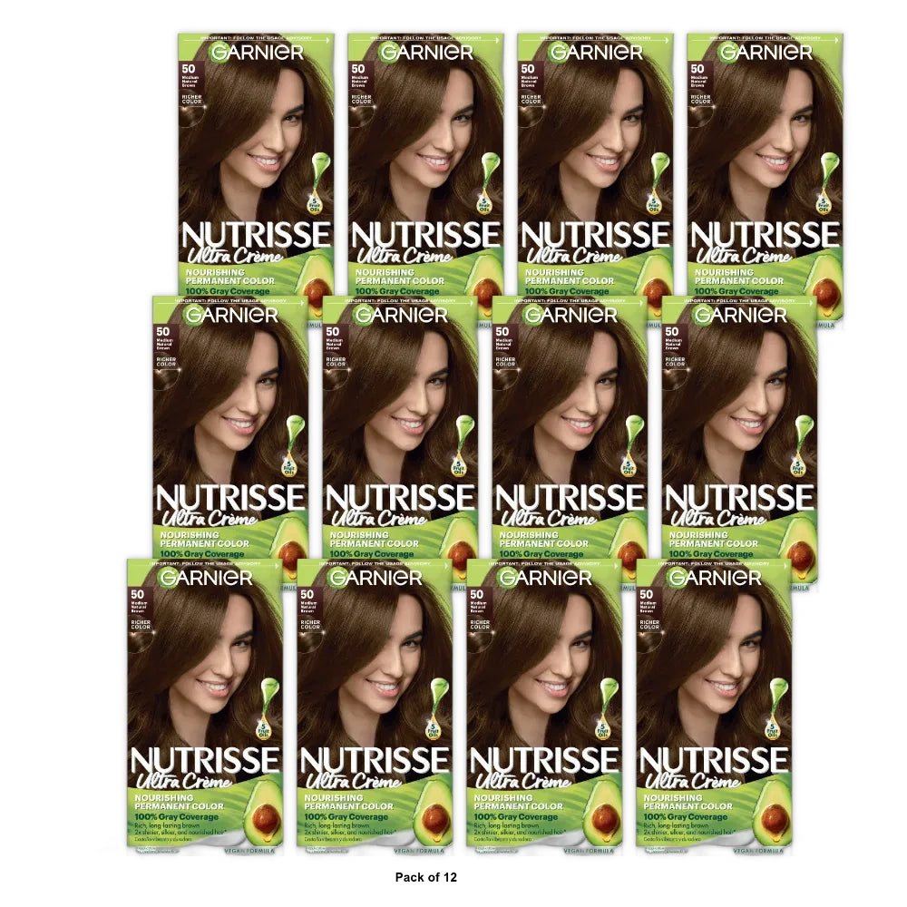 Garnier Nutrisse Nourishing Permanent Hair Color Creme - 50 Medium Natural Brown (Pack of 12)