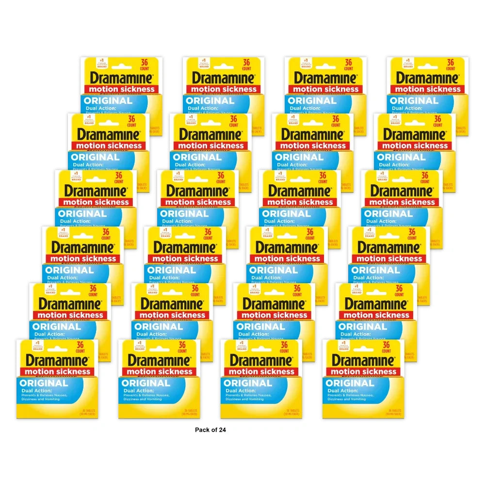 Dramamine Original Formula Motion Sickness Relief Tablets For Nausea, Dizziness 0.64 Oz (Pack Of 24)