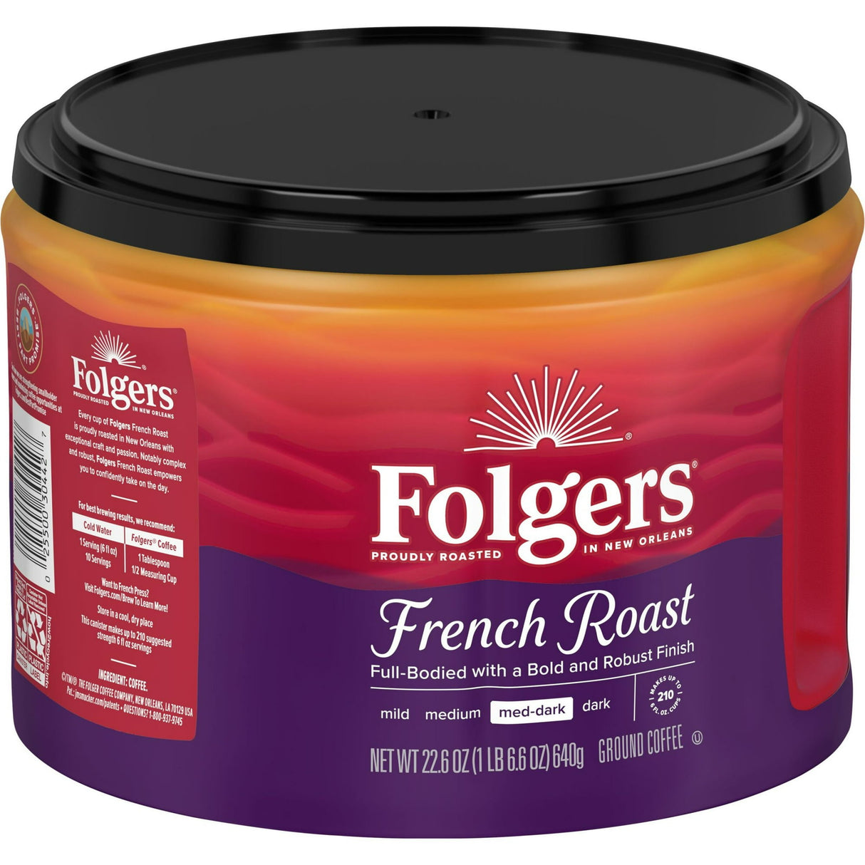 Folgers French Roast Ground Coffee Medium Dark Roast Canister 22.6 oz (Pack of 6)