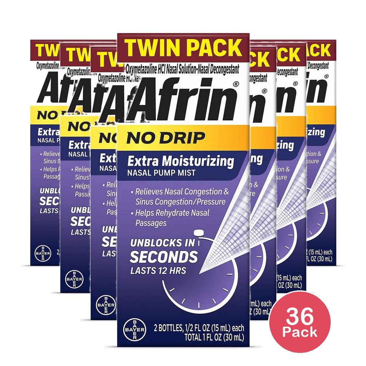 Afrin No Drip 12-Hour Nasal Decongestant Spray 1 Oz (Pack of 36)