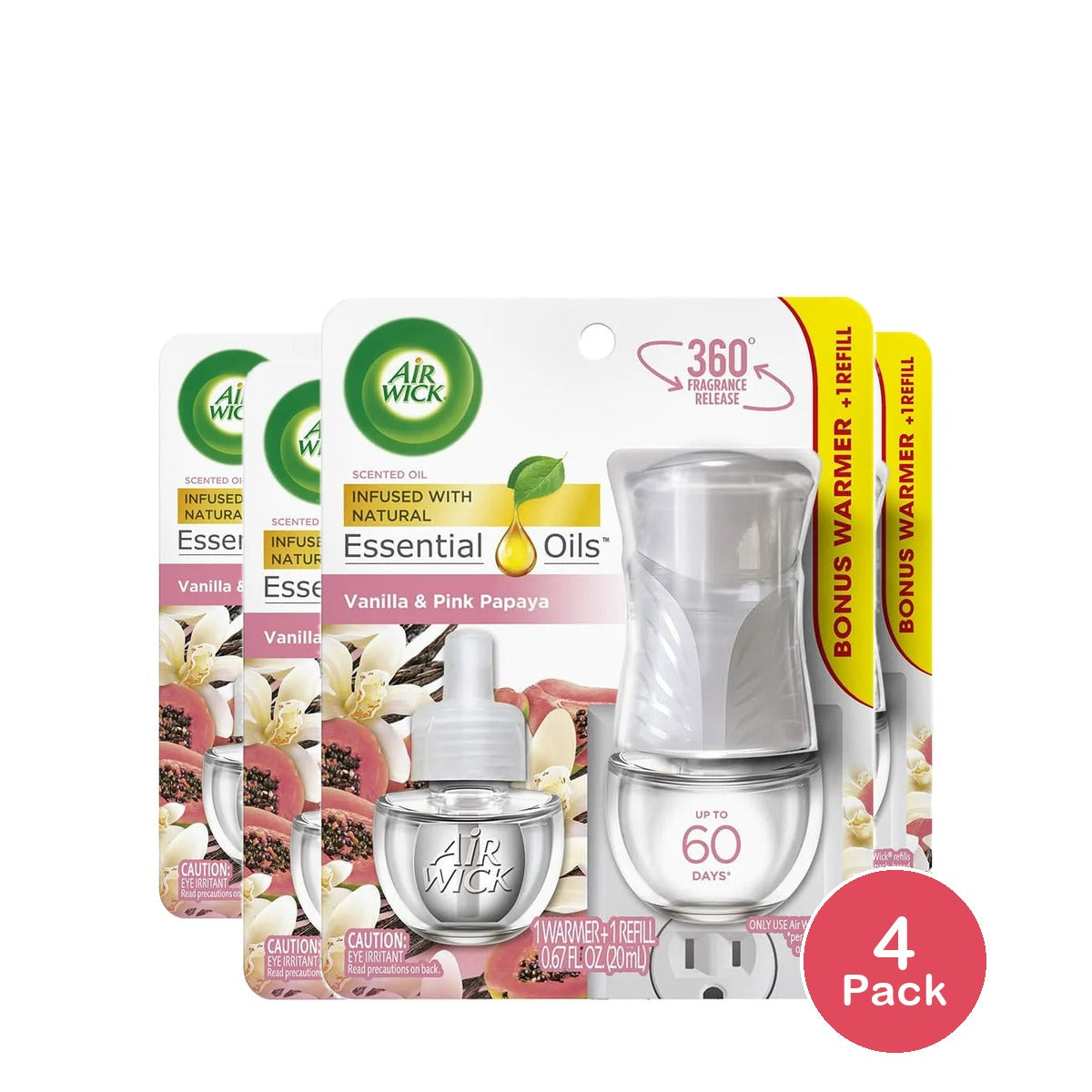 Air Wick Plug In Scented Oil Starter Air Freshener Kit Warmer And Refill Vanilla And Pink Papaya 0.67Oz (Pack Of 4)
