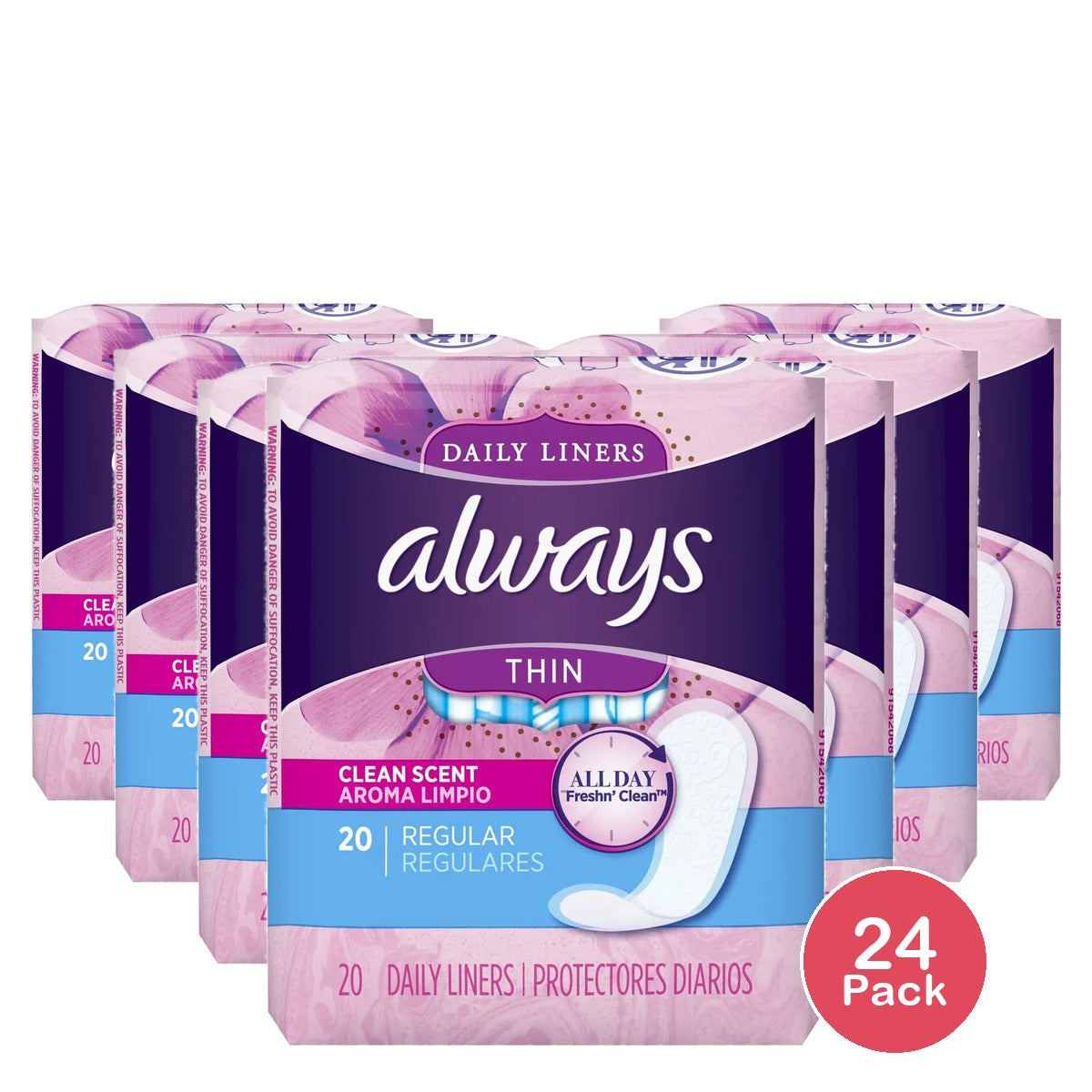 Always Daily Liners Fresh Pantiliners Thin Regular Clean Fresh Scent 20 Ea24 Pack 0.63Oz (Pack Of 24)