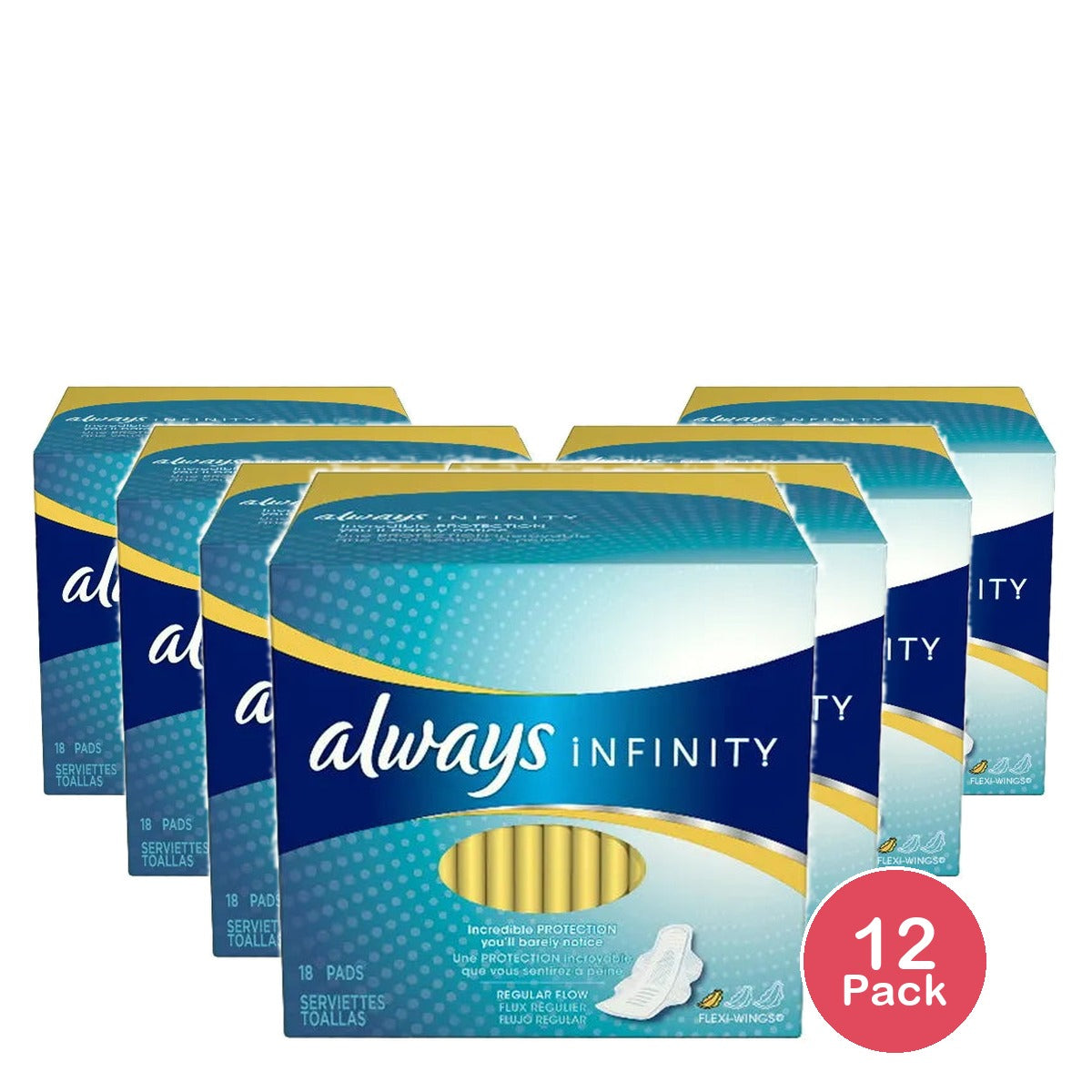 Always Infinity Regular Flow Protection Pads With Revolutionary Wings18 Pads 4.2Oz (Pack of 12)