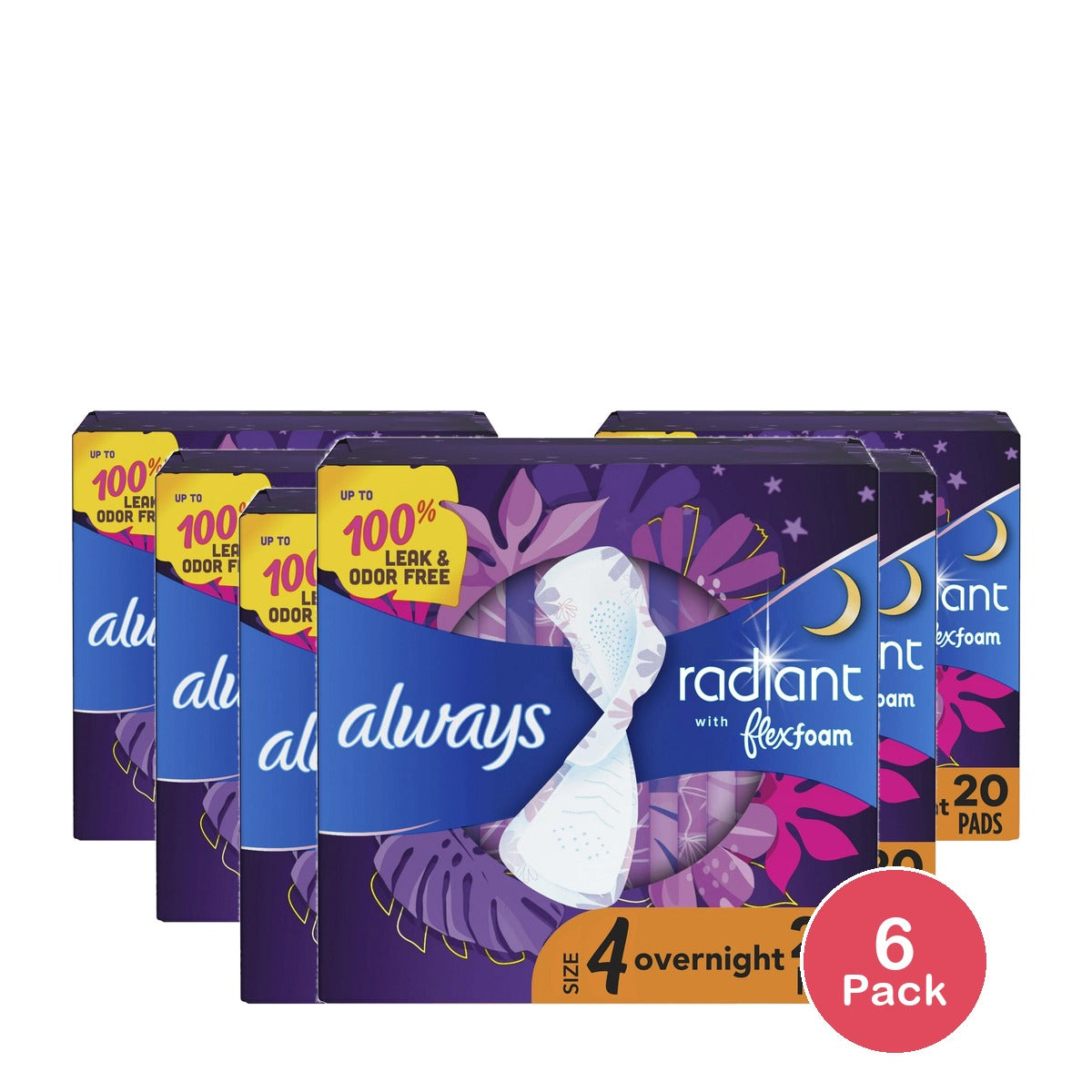 Always Radiant Overnight Sanitary Pads with Wings - Scented - Size 4 - (Pack of 6)