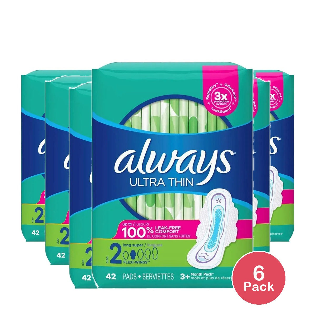 Always Ultra Thin Pads Size 2 Long Absorbency Unscented With Wings 8.6Oz (Pack of 6)