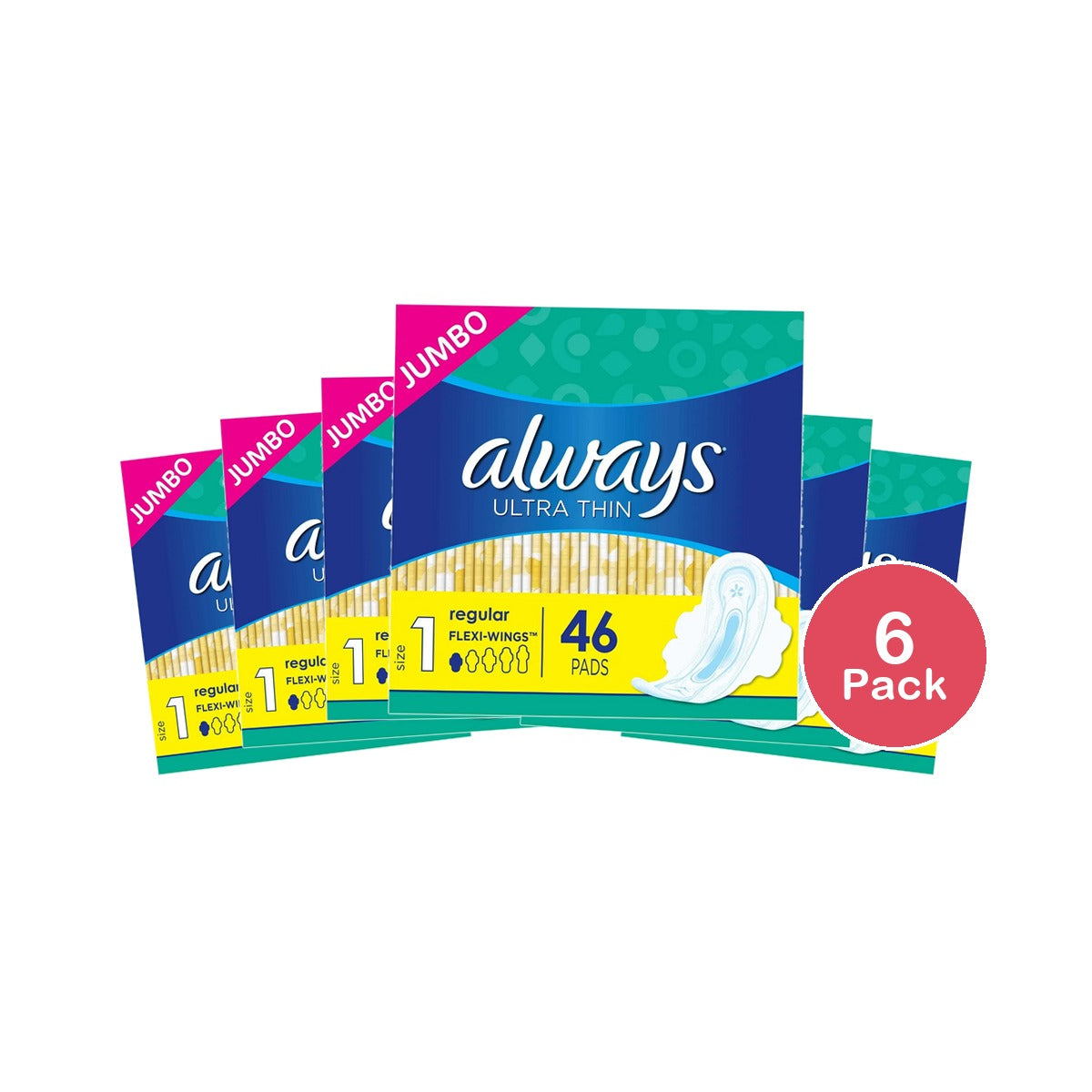 Always Ultra Thin Size 1 Regular Pads With Wings Unscented 46 Count image may vary 8oz (Pack of 6)