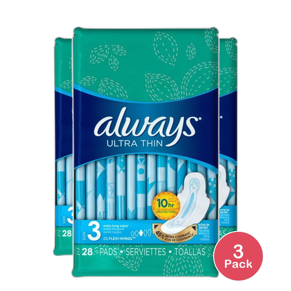 Always Ultra Thin Size 3 Extra Long Super With Flexi-Wings 28 Count 26.08Oz (Pack of 3)