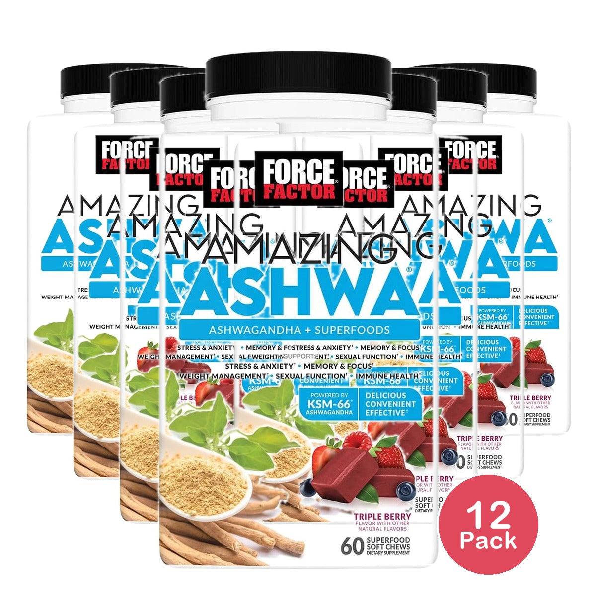 Amazing Ashwa Chews Supports Stress & Anxiety Triple Berry (60 Soft Chews) 15Oz (Pack of 12)