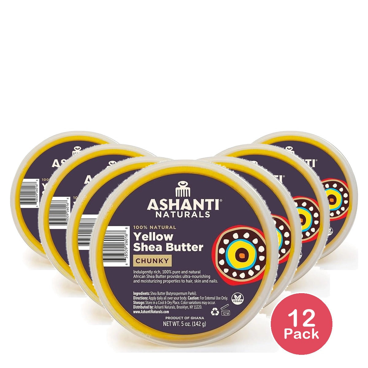 Ashanti Naturals Unrefined African Chunky Yellow Shea Butter 5 Oz (Pack of 12)