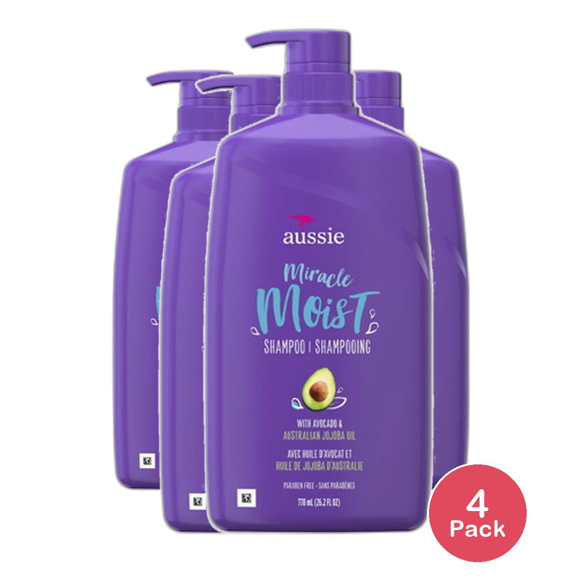 Aussie Miracle Moist Hair Shampoo with Pump Avocado and Australian Jojoba Oil 26.2Oz (Pack of 4)