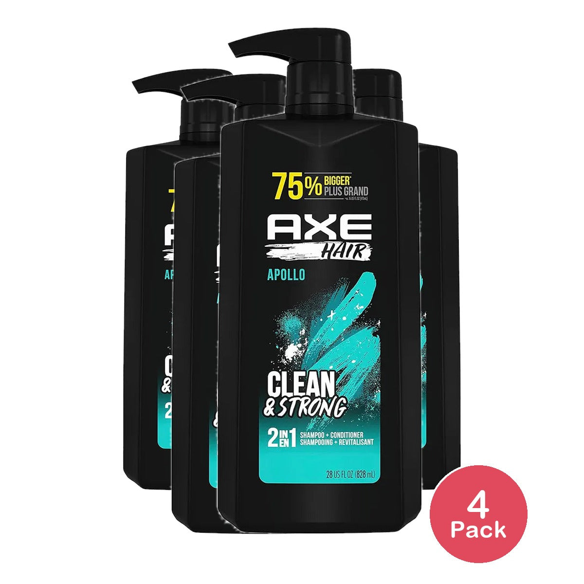 Axe Apollo Hair Clean and Strong 2 in 1 Shampoo Plus Conditioner 28Oz (Pack of 4)