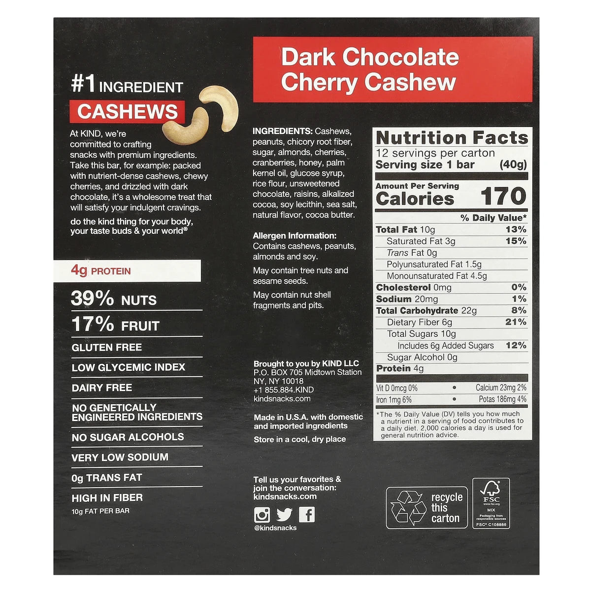 Kind Fruit And Nut Bar Dark Chocolate And Cherry Cashew 1.4Oz (Pack of 72)