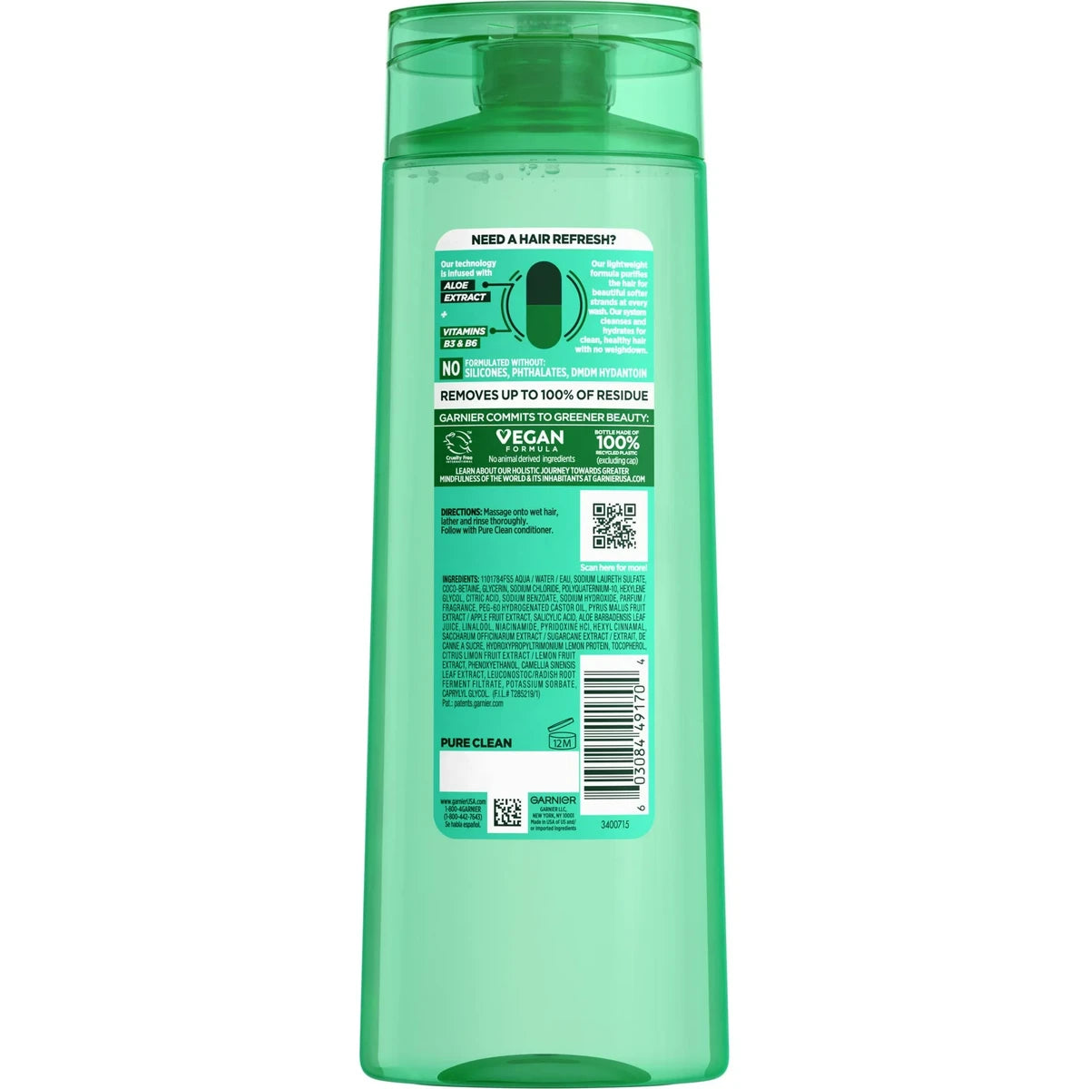 Garnier Fructis Pure Clean Shampoo Silicone-Free with Aloe Extract and Vitamin E 12.5Oz (Pack of 6)